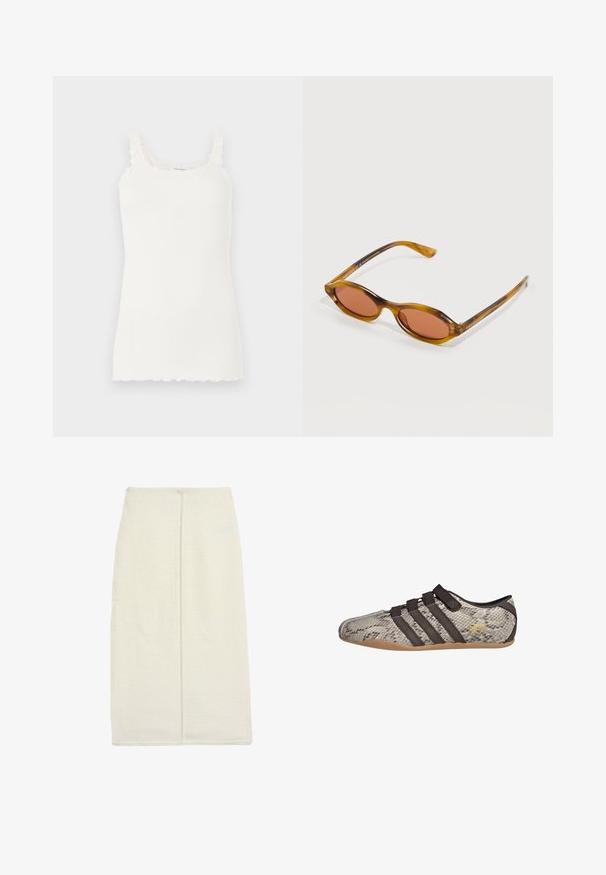 Hvid ribbet tanktop med blonder trim langs udskæringen og skulderstropperne. Har en bølget kant, glat tekstur og tætsiddende design.; Lang elfenbenfarvet nederdel lavet af tekstureret stof, med en lige design og en centralt placeret bagsøm. Ingen synligt hardware eller mønstre.; Slip-on sneakers med beige og brunt slangehudsmønster, tre mørkebrune striber, en gummisål og "Tokyo"-mærkning på siden.; Brune tortoiseshell ovale solbriller med tynde stel og mørke ravfarvede linser, der hviler på en hvid overflade.