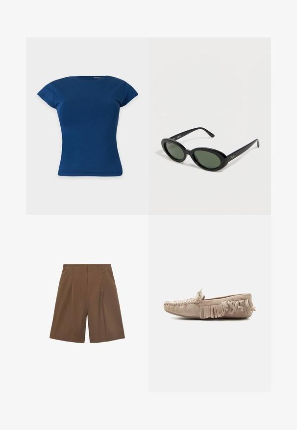 Blauw aansluitend T-shirt met korte mouwen en een ronde halslijn, afgebeeld tegen een effen lichte achtergrond.; Bruine op maat gemaakte shorts met een vlakke voorkant, plooien en zijzakken. Gemaakt van een lichte stof, met een relaxte pasvorm en afgebiesde randen.; Beige suède mocassin met gestikte neus, strikdetail aan de voorkant en gefranjerde zijkanten, getoond in profiel op een witte achtergrond.; Zwarte ovale Ray-Ban-zonnebril met groen getinte glazen en slanke pootjes, schuin geplaatst op een witte ondergrond.