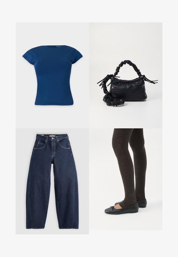 Blauw aansluitend T-shirt met korte mouwen en een ronde halslijn, afgebeeld tegen een effen lichte achtergrond.; Donkerblauwe denim jeans met een losse fit, lichte stiksels, vijf zakken en een knoopsluiting op de taille.; Benen met donkere geribbelde leggings gecombineerd met zwarte ballerina's met kleine strikdetails op een witte achtergrond.; Zwarte nepleer handtas met een krokodillenstructuur, opgedroogde bovenkant en een gekreukte hengsel. Het lijkt zacht en compact van ontwerp.