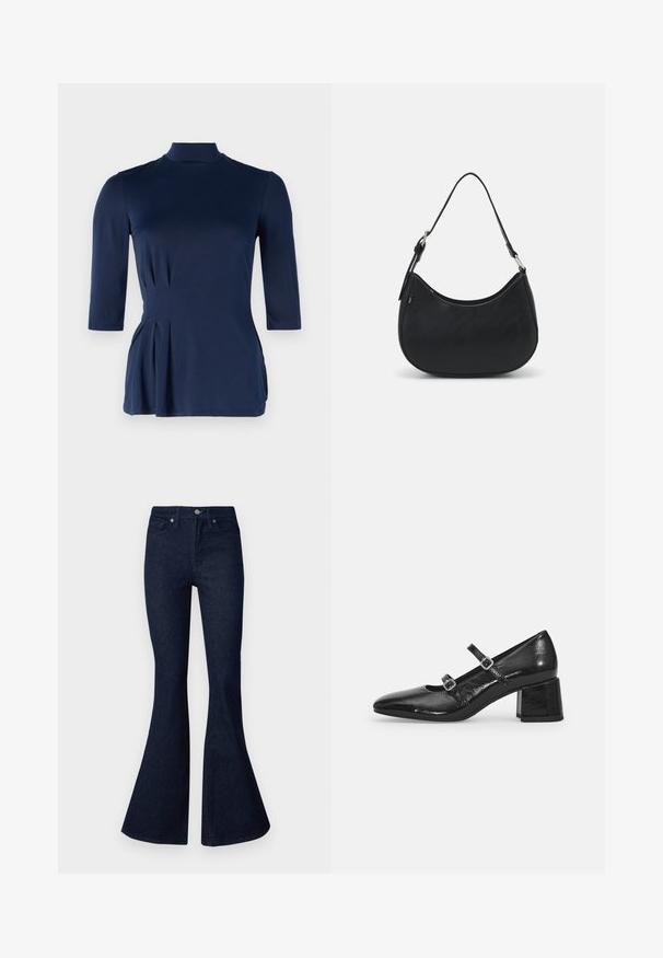 T-shirt bleu marine avec un col haut et des manches trois-quarts. Présente des détails de plis sur les côtés et une texture de tissu lisse et extensible.; Good American ALWAYS FIT GOOD - Jean bootcut - indigo; Chaussures Mary Jane en cuir verni noir avec un bout pointu, deux sangles réglables et un talon épais. Texture lisse et finition brillante.; Sac hobo noir en cuir lisse avec une silhouette arrondie, doté d'une seule sangle ajustable et de détails de design minimalistes.