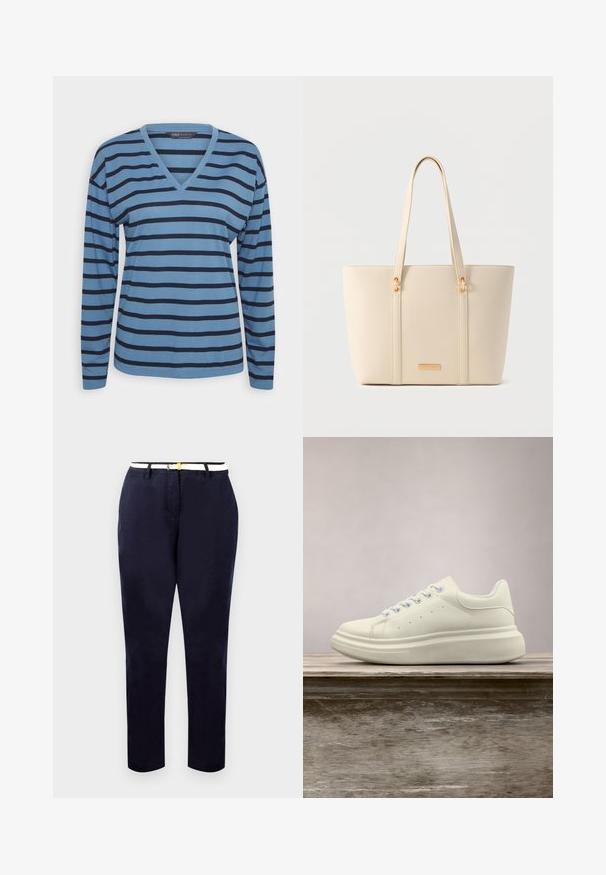 Marks & Spencer RELAX V NECK - Μπλούζα με μακριά μανίκια - blue; Ναυτικές chinos σε στενή γραμμή, από βαμβακερό ύφασμα, με λευκή ζώνη που διαθέτει χρυσό τόνο σε πόρπη. Λείο υφή, ίσιες γραμμές, μινιμαλιστικός σχεδιασμός.; Άσπρο δερμάτινο αθλητικό παπούτσι με στρογγυλή μύτη, λεία υφή και κορδόνια σε αντίθετο χρώμα. Διαθέτει οπές αερισμού και παχιά ελαστική σόλα για άνεση.; Τσάντα tote σε κρεμ χρώμα με υφή, μακριές λαβές και χρυσές λεπτομέρειες σε ουδέτερο φόντο.