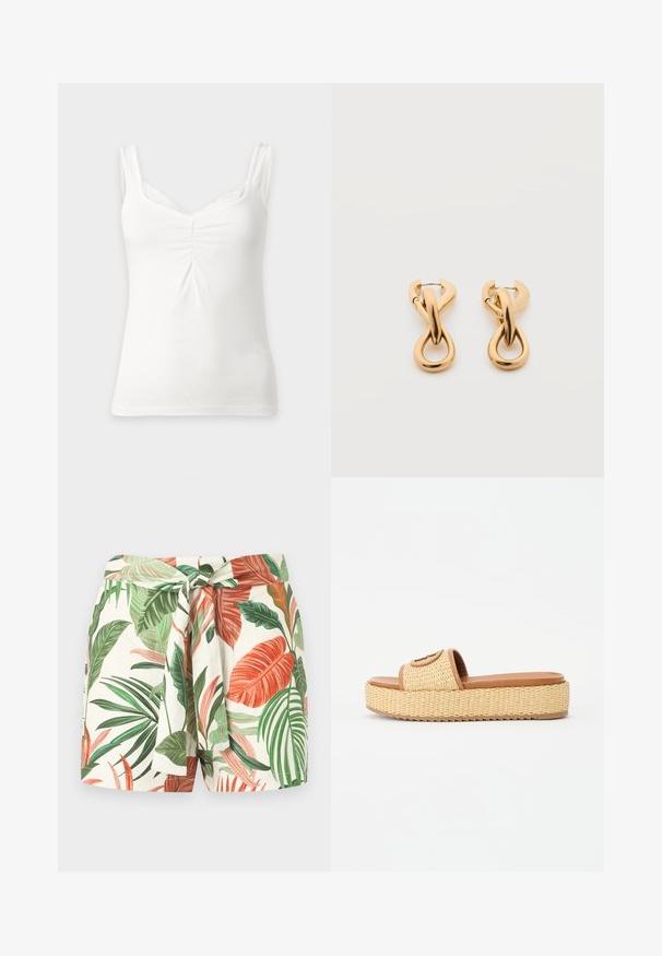 Wit mouwloos dames topje met geplooid middenvoor, kanten rand langs de V-hals en brede schouderbanden op egale achtergrond.; Korte broek met hoge taille en een strikceintuur, met een kleurrijk tropisch bladpatroon in groen en oranje op een witte achtergrond.; Geweven stro slide sandalen met een tan kleurige faux leren band en een platformzool, voorzien van een textuur en een cirkelvormig accentdetail.; Een paar glanzende oorringen in goudkleur met een lusvormige, gedraaide en verstrengelde ontwerp, afgebeeld op een eenvoudige witte achtergrond.