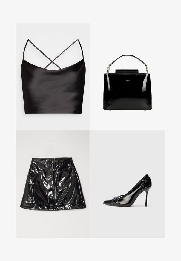 Even&Odd Top - black; Fête Impériale LYVIA - Minirok - black; Zwarte lakleren stilettohak met spitse neus, drie decoratieve banden met studs en "Karl Lagerfeld" branding op de hak.; Zwarte gepatenteerde leren handtas met een gestructureerd ontwerp, voorzien van een bovenhandvat, gouden hardwareaccenten en een kleine klep aan de voorkant.
