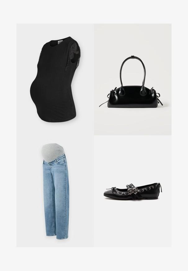 Sort ærmeløs ventetop med blondekant ved ærmegab, tætsiddende facon og rund halsudskæring, fremvist på en mannequin torso.; Graviditetsjeans med en lys blå vask, afslappet pasform og grå elastisk mavebånd for komfort og fleksibilitet under graviditeten.; Sort flad balletsko med dobbelt spænde, sølvøjer og en lille sløjfe nær den runde tå på en hvid baggrund.; Lille sort blank håndtaske med to lange håndtag og snøre-detaljer i siden på en ensfarvet lys baggrund.