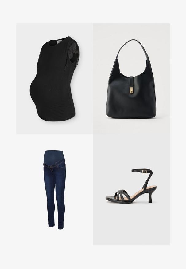 Sort ærmeløs ventetop med blondekant ved ærmegab, tætsiddende facon og rund halsudskæring, fremvist på en mannequin torso.; Mørkeblå graviditetsjeans med et strækbart panel ved taljen, slank pasform og klassisk fem-lomme design med kontrastsyninger.; Sorte høje hæle sandaler med flere tynde stropper over tæerne, en enkelt ankelstrop med en gylden spænde og en firkantet tå.; Sort læderhobo-taske med en tekstureret overflade, der har en guldfarvet lås og et enkelt buet håndtag til bæring over skulderen.