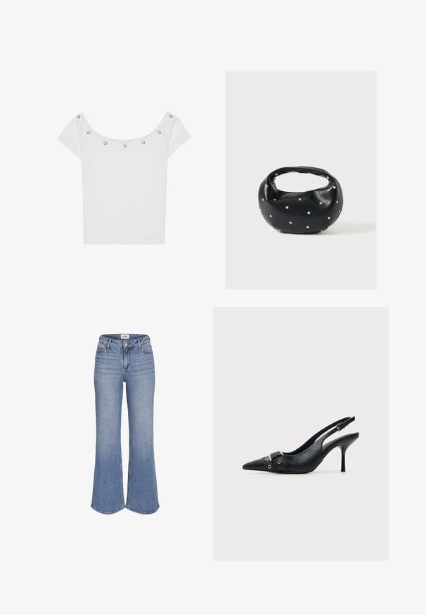 Top blanco de manga corta con textura acanalada y un escote amplio, que presenta cinco ojales de metal plateado a lo largo del borde delantero.; Vaqueros de denim azul claro de cintura alta con piernas acampanadas y cierre de botones en la parte delantera.; Zapato de tacón alto tipo slingback de piel negra con puntera puntiaguda, con hebilla y detalle de tira con ojetes en la parte delantera.; Bolso de mano de cuero negro con forma redondeada, decorado con detalles de tachuelas plateadas y un asa corta. Textura lisa y cierre con cremallera.