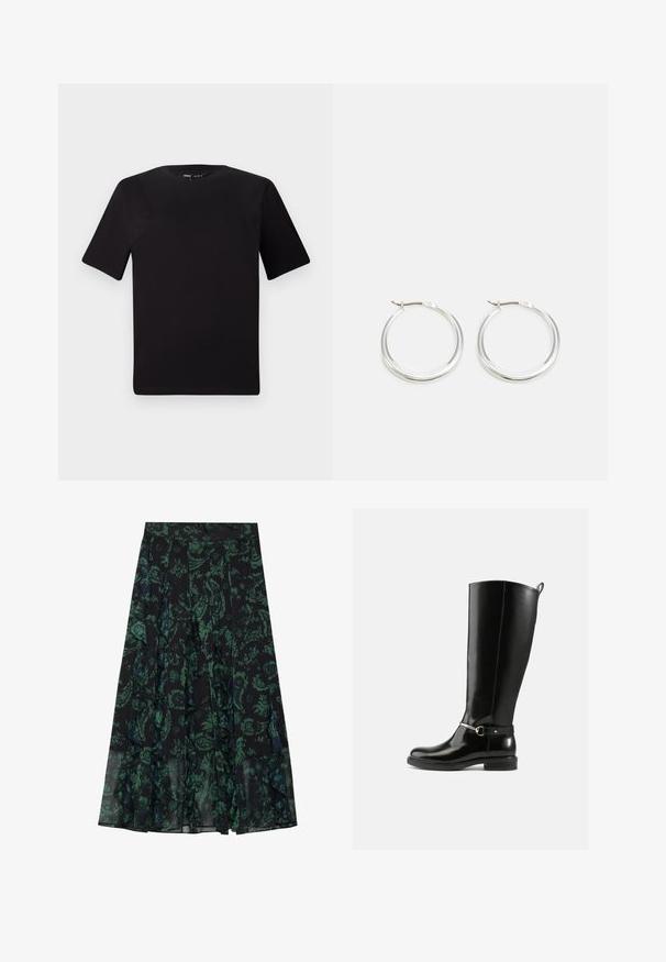 T-shirt noir à manches courtes avec un col rond, fabriqué en coton doux. Design simple, sans logos ni motifs visibles.; Jupe noire avec un motif floral vert, dotée de bords à volants et de plis. Fabriquée en tissu léger, offrant une silhouette fluide.; Bottes noires montantes en cuir verni, avec un détail de boucle argentée à la cheville et une conception à bout arrondi. Semelle plate.; Les boucles d'oreilles en argent en forme de créole présentent un design lisse et arrondi avec un profil fin et un fermoir sécurisé. Style minimaliste avec une finition polie.