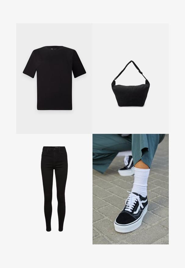 Zwarte T-shirt met korte mouwen en een ronde hals, gemaakt van zachte katoenstof. Eenvoudig ontwerp, geen zichtbare logo's of patronen.; Zwarte denim skinny jeans met een hoge taille, vijf-pocket ontwerp, riemlussen en subtiele stikdetails. Glad textuur, figuurvormende pasvorm.; Zwarte suède sneaker met witte accenten en veters, uitgerust met een dikke witte zool en contrasterende stiksels, gecombineerd met een witte sok.; Zwarte stoffen schoudertas met een zachte, gestructureerde oppervlakte, ronde vorm en een enkele strap. Minimalistisch ontwerp zonder zichtbare hardware of accenten.
