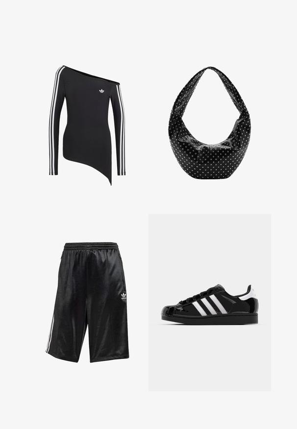 Top negro de manga larga con tres rayas blancas en las mangas, escote asimétrico off-shoulder y un pequeño logo blanco de Adidas en el pecho.; Shorts deportivos negros hechos de un tejido suave, con cintura ajustable mediante cordón, bolsillos laterales y tres franjas blancas a lo largo de los lados.; adidas Originals SUPERSTAR II - Zapatillas - core black/footwear white/gold metallic; Bolso de mano de cuero negro con una forma holgada, adornado con tachuelas plateadas y una correa ancha para el hombro. Textura suave con un diseño fruncido.