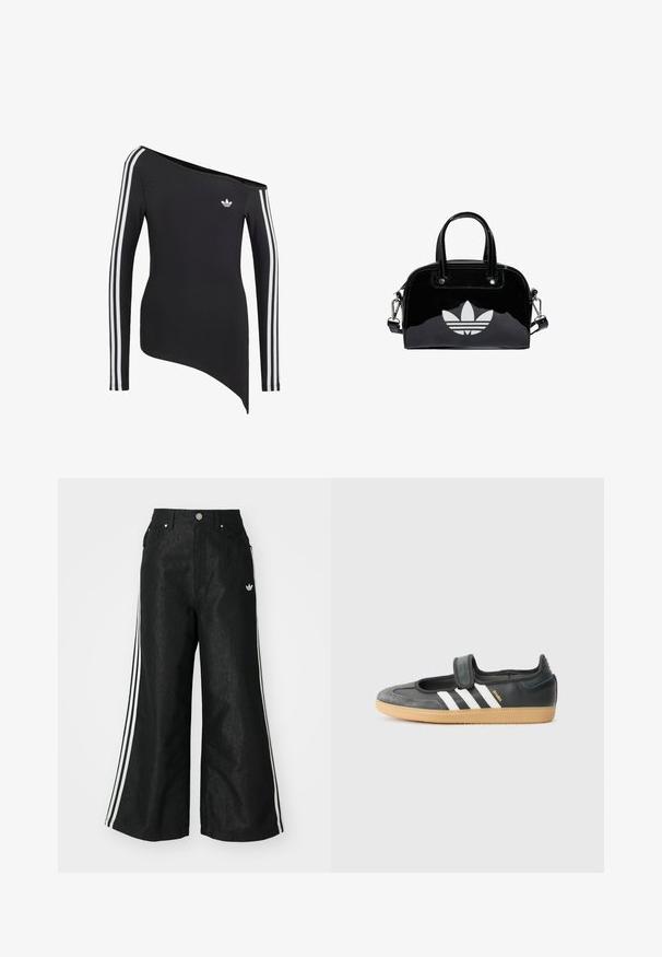 Schwarzes Langarmoberteil mit weißen drei Streifen an den Ärmeln, asymmetrischem Off-Shoulder-Ausschnitt und kleinem weißem Adidas-Logo auf der Brust.; Schwarze, weit geschnittene Jeans mit drei weißen Streifen an jeder Seite und einem kleinen weißen Logo. Mit vorderen Taschen und einem Knopfverschluss.; Schwarze Leder- und Wildledersneaker mit einem Klettverschluss, ausgestattet mit drei weißen Streifen und einer Gummisohle, beschriftet mit "SAMBA" an der Seite.; Schwarze Handtasche aus Lackleder mit abgerundeter Form, doppelten Tragegriffen, silbernen Akzenten und einem auffälligen weißen Logo auf der Vorderseite.