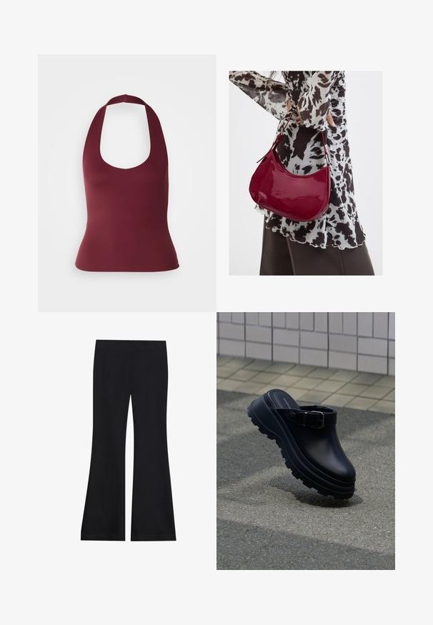 Top halter burdeos con escote en forma de barco, hecho de tela suave, que presenta un silueta ajustada y tirantes anchos en la parte posterior.; Pantalones acampanados negros hechos de una tela suave y elástica; cuentan con una cinturilla lisa y un diseño de pierna ancha; acabado sin costuras en todo.; Zueco negro sin cordones con suela gruesa y de dibujo marcado, y una correa ajustable, situado sobre asfalto con una pared de azulejos al fondo.; Mujer con blusa de estampado en blanco y negro sosteniendo un bolso de hombro rojo brillante sobre un fondo liso.