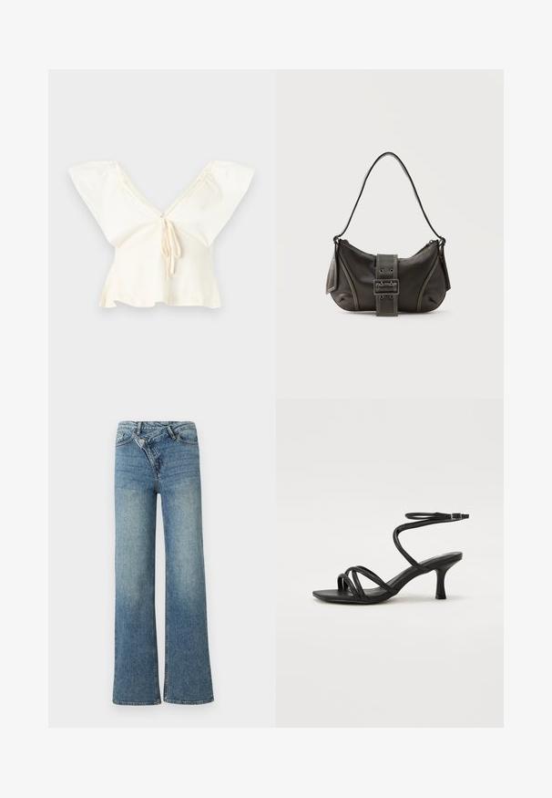 Blouse courte couleur blanc cassé avec larges manches évasées, encolure en V profonde et détail de lien à l'avant.; Jean en denim bleu clair à jambes larges avec une taille haute, un délavage clair et une fermeture à bouton à l'avant. Comprend cinq poches et des coutures minimales.; Even&Odd Wide Fit by Zalando Sandales - black; Sac à épaule en cuir noir avec une sangle à boucle, des bords arrondis et des coutures blanches contrastées sur un fond uni.