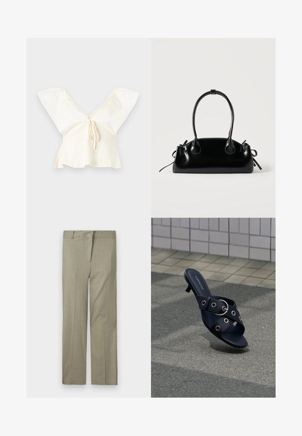 Offwhite cropped bluse med brede flagrende ærmer, dyb V-hals og bindedetalje foran.; Lys olivengrønne bukser, skræddersyet pasform, med flad front, to sidelommer og et glat, struktureret stof. Ingen synlige mønstre eller accenter.; Sort hælsandal med krydsede stropper med sølvøjer og en rund spænde, placeret på tekstureret fortov nær flisevæg.; Lille sort blank håndtaske med to lange håndtag og snøre-detaljer i siden på en ensfarvet lys baggrund.