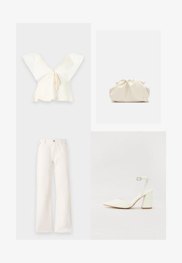 Gebroken witte cropped blouse met brede zwierige mouwen, diepe V-hals en strikdetail aan de voorkant.; Witte wijde spijkerbroek van denim, met een sluiting met vooraan een knoop, vijf zakken en een gladde textuur zonder zichtbare patronen.; Witte hakken sandaal met een puntige neus, verstelbaar enkelbandje en een stevige vierkante hak. Gladde textuur met minimale stiksels.; Zachte, crèmekleurige leren clutch met geplooid, gerimpeld ontwerp en een dunne schouderriem die vooraan op een effen achtergrond ligt.