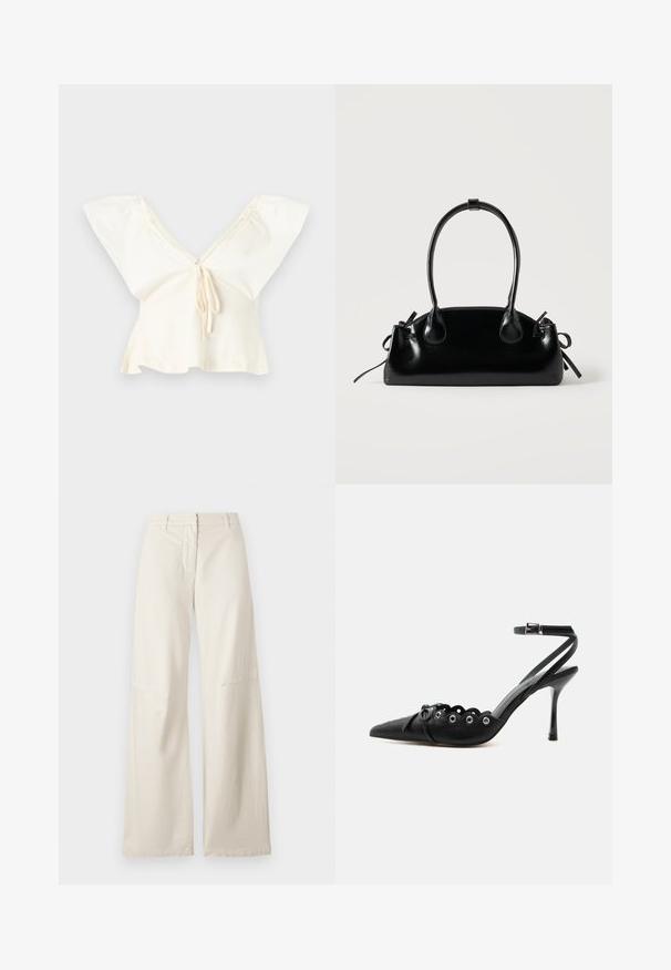 Offwhite cropped bluse med brede flagrende ærmer, dyb V-hals og bindedetalje foran.; Vide benbukser i et cremefarvet bomuldsstof. Har høj talje, struktureret design og minimal syning. Flad front med lommer.; Sort spids hæl med bølgede kanter, metaløjer, snørelukning foran og ankelrem med spænde.; Lille sort blank håndtaske med to lange håndtag og snøre-detaljer i siden på en ensfarvet lys baggrund.