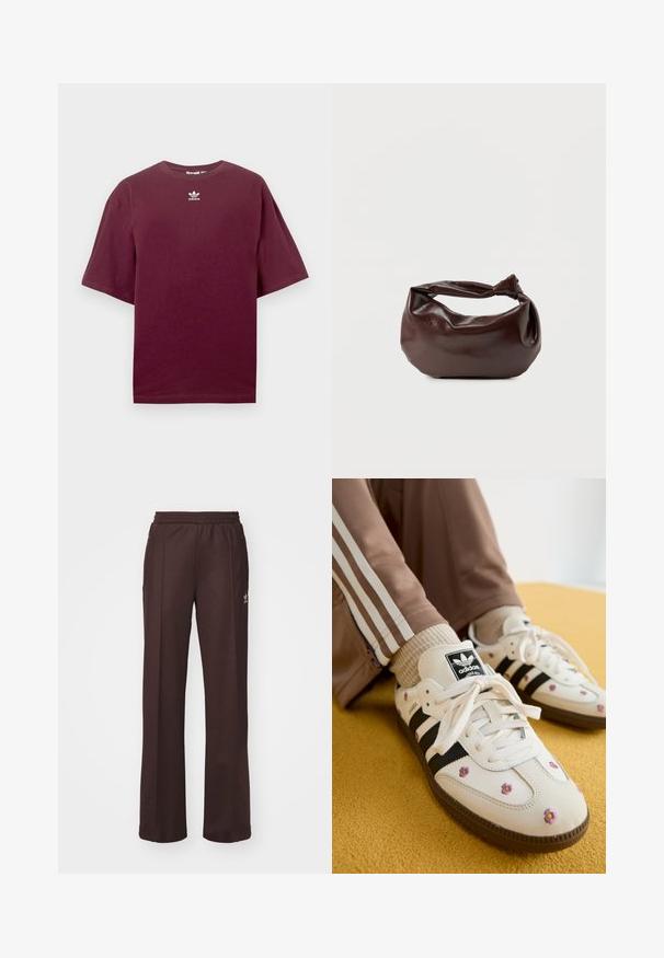 Camiseta de algodón color burdeos con cuello redondo y mangas cortas, con un logo blanco de Adidas centrado en el pecho. Textura suave.; Pantalones deportivos marrones con una cinturilla elástica, dos bolsillos laterales y un pequeño logo en el lado izquierdo, hechos de una tela suave.; Zapatillas de piel blanca con tres rayas negras y bordado floral en púrpura y amarillo. Suela de goma marrón. Combinadas con calcetines beige con canalé.; Bolso de hombro de cuero marrón oscuro con una forma suave y caída, y un asa con nudo torcido sobre un fondo blanco liso.