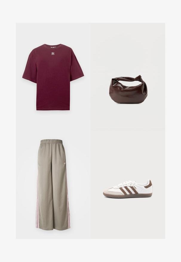 Burgundia puuvillane T-särk ümmarguse kaelusega ja lühikeste varrukatega, millel on rinnal valge Adidas logo. Sile tekstuur.; Heledad oliivrohelised laiad püksid vertikaalsete triipudega, elastse vöökohaga ja roosa külgtriibuga. Funktsiooniks on väike logo puusal.; Valge Adidas Samba toss pruunide seemisnahast triipude, pruuni kummist tallaga ja beežika seemisnahast varbakattaga, kujutatud välisküljelt ühevärvilise tausta peal.; Tumepruunast nahast õlakott, pehme ja lõdva vormiga, keeratud sõlme tüüpi sangaga, valgel ühevärvilisel taustal.