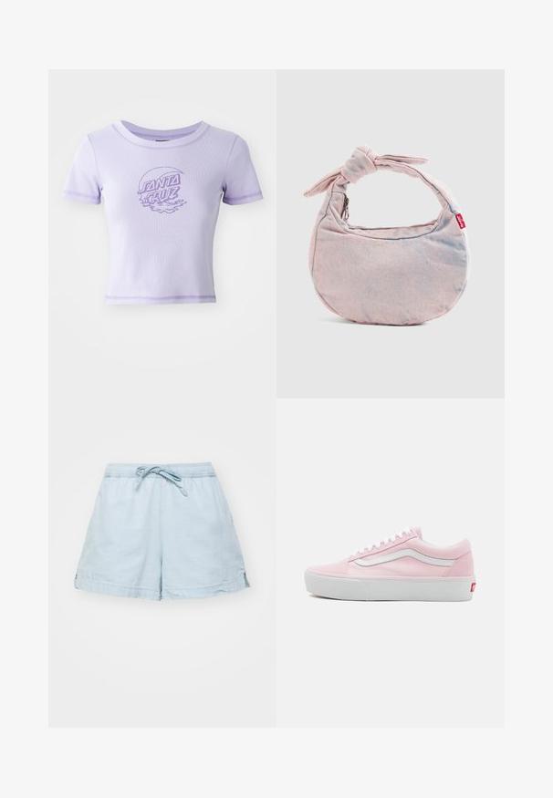Paarse, aansluitende T-shirt met korte mouwen, ronde hals en contrasterende stiksels. Heeft een grafisch ontwerp van "SANTA CRUZ" op de voorkant.; Lichtblauwe, lichte shorts met een elastische tailleband en trekkoord. Voorzien van zijzakken en een relaxte pasvorm, gemaakt van zachte stof.; Roze canvas sneakers met witte accenten, platte veters en een witte rubberen zool. Heeft een klassiek laag ontwerp en zijlogo.; Lichtroze spijkerstof handtas in halve maanvorm met een gestrikte band en een rode Levi's-label op een effen achtergrond.