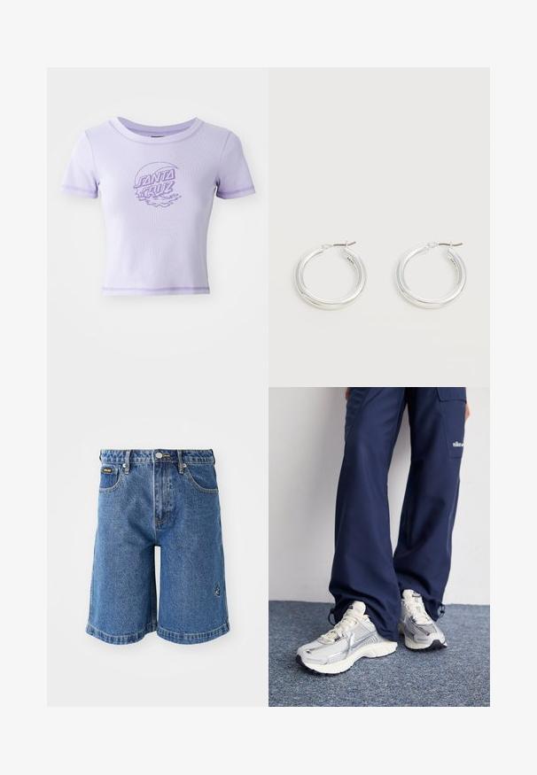 T-shirt ajusté violet avec des manches courtes, un col rond et des coutures contrastées. Présente un design graphique "SANTA CRUZ" sur le devant.; Shorts en denim bleus, avec une coupe droite, cinq poches et des coutures jaunes contrastées. Comprend un petit logo sur le côté gauche.; Baskets de sport Nike avec une tige en maille argentée, des accents blancs et des semelles texturées, associées à un pantalon marine ample.; Paire de boucles d'oreilles créoles moyennes argentées brillantes avec de fines attaches métalliques sur un fond clair et neutre.