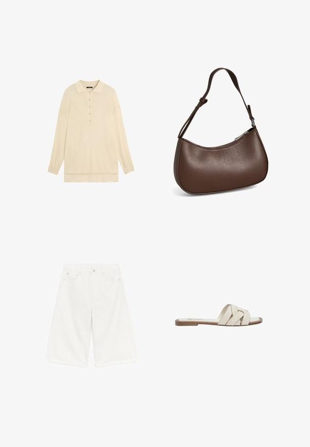 Pull polo beige en maille à manches longues avec col et cinq boutons sur le devant sur fond blanc.; Short en denim blanc longueur genou avec poches avant, passants de ceinture et fermeture à bouton sur fond blanc.; Des sandales plates blanches présentent un design de lanière tissée avec une finition texturée. La semelle est marron, offrant un contraste avec le matériau supérieur.; Petit sac bandoulière en cuir marron avec sangle réglable et fermeture éclair, présenté sur fond blanc. Aucun logo ou décoration visible.