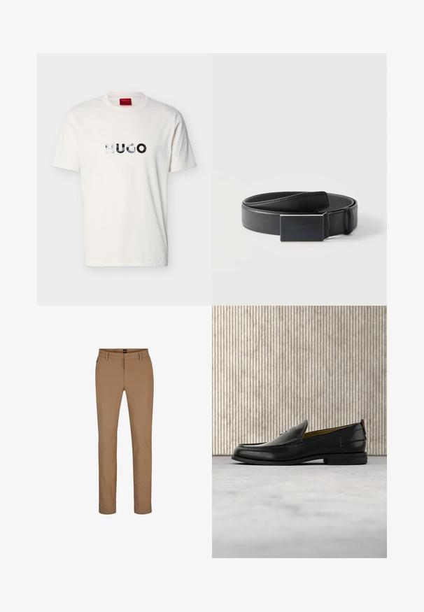 T-shirt blanc à manches courtes et col rond avec le logo "HUGO" réfléchissant centré sur la poitrine.; Pantalon marron clair en mélange de coton avec une coupe droite, poches avant et fermeture éclair. Matériaux minimaux et sans motifs visibles.; Mocassin pour homme en cuir noir avec un dessus embossé effet croco et un petit talon, présenté de profil sur un fond neutre.; Ceinture en cuir noir enroulée avec une boucle noire mate rectangulaire et un logo embossé discret sur fond blanc.