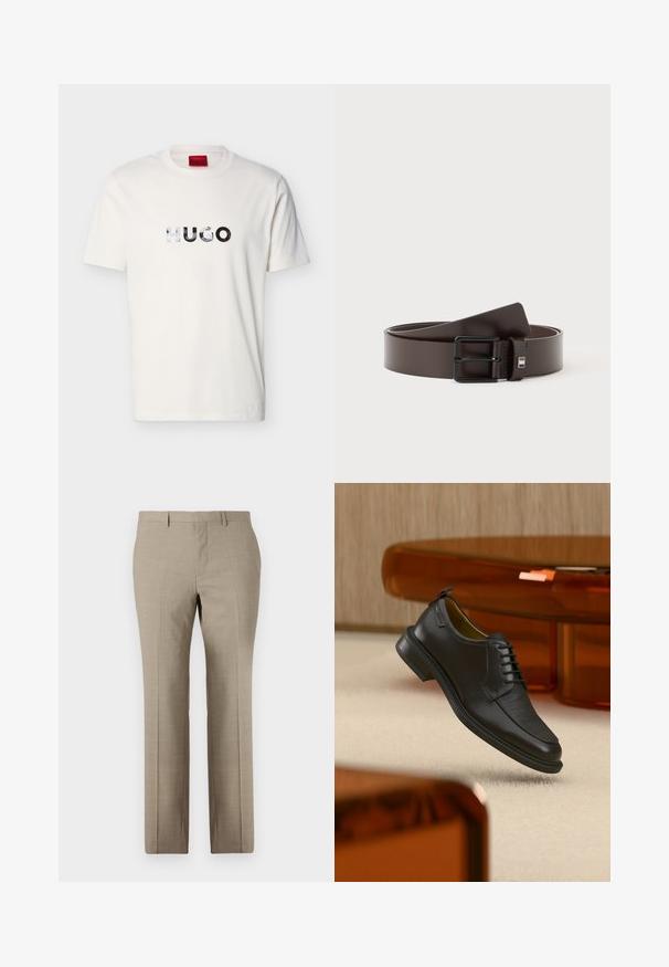 T-shirt blanc à manches courtes et col rond avec le logo "HUGO" réfléchissant centré sur la poitrine.; Pantalons beige sur mesure avec une texture lisse, design à jambe droite, motif à carreaux subtil et devant plat. Deux poches arrière incluses.; Chaussure habillée noire en cuir à lacets avec devant texturé, flottant au-dessus d'un tapis beige dans une pièce moderne avec des meubles teintés d'ambre.; Ceinture en cuir marron foncé avec une boucle métallique rectangulaire noire, enroulée sur un fond blanc.