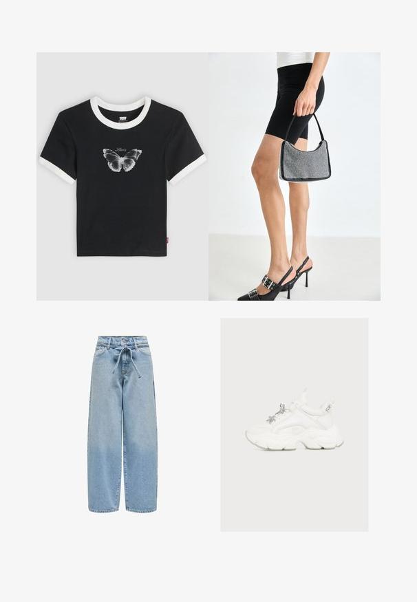 Čierne tričko s krátkym rukávom, s bielym lemom okolo krku a manžetami na rukávoch. Na strede je motív motýľa a nápis "Levi's". Bavlnená látka.; Svietlo modré riflové nohavice s širokými nohavicami, viazaným pásom, piatimi vreckami a mierne opotrebovaným vzhľadom so žltkavými škvrnami po celom povrchu.; Biela robustná teniska s hrubou podrážkou a dekoratívnou striebornou hviezdičkou a korálkami na šnúrkach, zobrazená z boku na jednoduchom pozadí.; Čierna korálková kabelka s zakriveným siluetom, nosnou rukoväťou a lesklou textúrou. Nosená s vysokými čiernymi topánkami na opätku a priliehavými čiernymi šortkami.