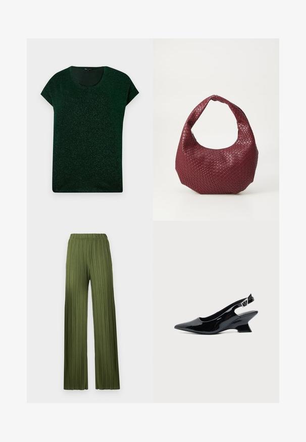 Parte superior corta de manga corta en verde oscuro con brillo, con escote redondo y ajuste relajado sobre un fondo liso.; Pantalones anchos plisados verdes con cintura elástica. La tela texturizada presenta rayas verticales que crean una apariencia fluida.; Zapato slingback de cuero charol negro con puntera puntiaguda y tacón bajo en bloque inclinado sobre fondo claro liso.; Bolso de mano burdeos tejido con una silueta redondeada, un solo asa y un acabado texturizado. Cierre con cremallera en la parte superior.