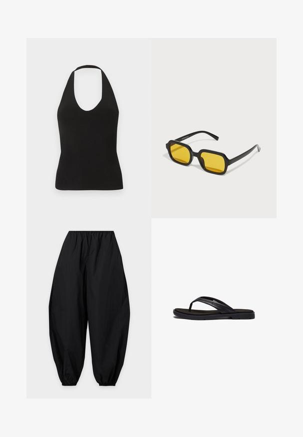 Top negro sin mangas con cuello halter, escote redondeado y tejido ajustado de canalé.; Pantalones negros anchos con cintura elástica y bajos elásticos, mostrados extendidos sobre un fondo gris claro.; Chancla negra con suela de goma de textura suave y correas sintéticas elegantes. El diseño incluye un hardware minimal y un perfil bajo.; Gafas de sol negras rectangulares con lentes amarillos. Presentan montura gruesa y un diseño angular con un acabado liso y brillante.