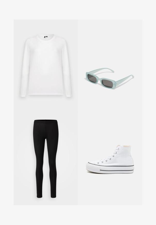 Chemise blanche à manches longues à col rond, posée à plat avec les étiquettes de col visibles sur un fond gris clair.; Leggings noirs en tissu doux et extensible. Ils ont une coupe ajustée avec une taille élastique et une texture lisse et mate.; Baskets montantes blanches en toile, semelle en caoutchouc noir et bande noire contrastante sur la semelle intermédiaire. Bout rond et design à lacets.; Une paire de lunettes de soleil rectangulaires avec des montures translucides bleu clair et des verres gris foncé, présentant des branches droites et des détails matériels minimaux.