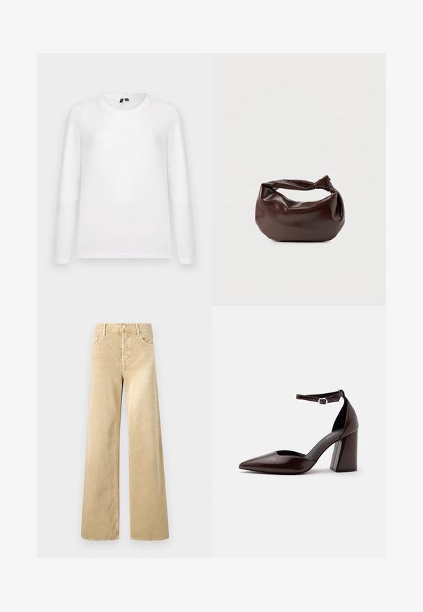 Chemise blanche à manches longues à col rond, posée à plat avec les étiquettes de col visibles sur un fond gris clair.; Pantalon ample en velours côtelé beige avec une texture lisse, doté d'une fermeture à boutons et d'un design classique à cinq poches.; Chaussure à talon haut en cuir marron foncé à bout pointu, avec bride à la cheville et boucle argentée sur fond blanc.; Sac bandoulière en cuir marron foncé avec une forme souple et décontractée et une anse nouée torsadée sur un fond blanc uni.