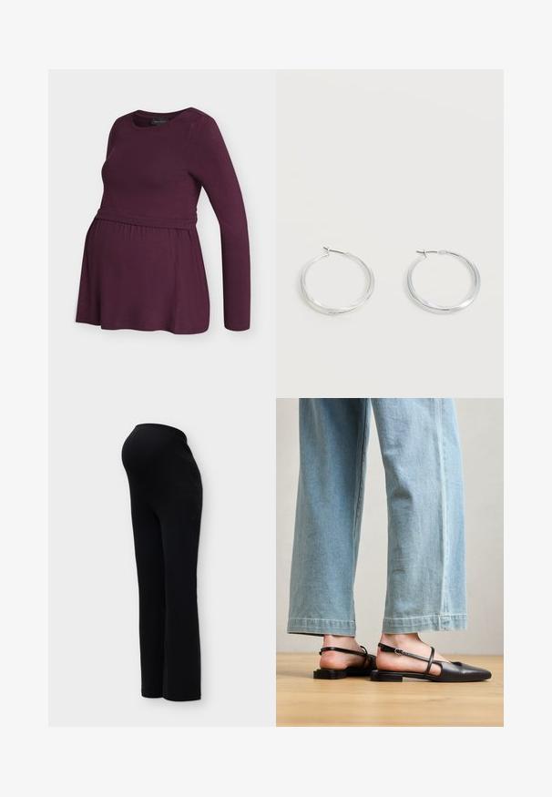 Camiseta premamá de manga larga en color púrpura oscuro, con busto ajustado y cintura imperio fruncida para comodidad y estilo.; Pantalones de maternidad negros y elásticos con una cinturilla alta diseñados para ajustarse cómodamente sobre una barriga de embarazada.; Zapatos slingback de cuero negro con punta afilada, tacón plano y tira en el tobillo; llevados con jeans de pierna ancha en azul claro.; Pendientes de aro de metal plateado con superficie lisa y ligeramente curvada y cierre de tipo mosquetón sobre un fondo blanco liso.