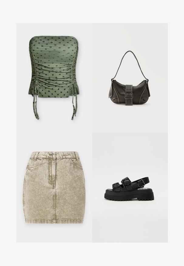Crop top λαδί χωρίς τιράντες με μαύρες πουά, ραμμένες πλευρές και ρυθμιζόμενα κορδόνια στο κάτω μέρος.; Χακί τζιν φούστα με υφασμάτινη υφή, πέντε τσέπες, μπροστινό κούμπωμα με κουμπί και ραφές κατά μήκος των άκρων.; Μαύρες πλατφόρμες σάνταλους με τρία ρυθμιζόμενα λουριά με αγκράφα, υφασμάτινη σόλα και λείο επάνω μέρος. Σχεδιασμένες με στιβαρή, χοντρή σιλουέτα.; Μαύρη δερμάτινη τσάντα ώμου με λεπτομέρεια ιμάντα με πόρπη, καμπυλωτές άκρες και αντίθετη λευκή ραφή σε απλό φόντο.