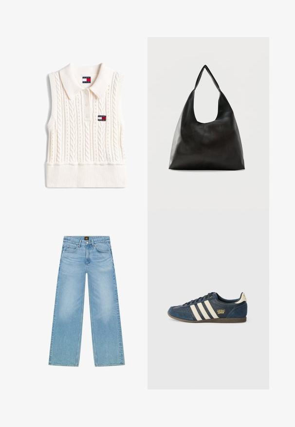 Hihaton valkoinen kaapelineulottu neuleliivi, jossa on kaulus, kolme nappia, resorireuna ja Tommy Jeans -logopläkki rinnassa.; Vaaleansiniset, leveälahkeiset farkut, jotka on valmistettu denimmateriaalista. Ominaisuuksiin kuuluu klassinen viiden taskun muotoilu ja hienovarainen haalistunut rakenne. Napitus ja vetoketjukiinnitys.; Tennarit, jotka ovat tummansinistä mokkaa, joissa on vaaleat raidat, teksturoitu kärki, kulta "adidas JAPAN" -logo ja ruskea kumipohja. Klassinen matala malli.; Musta sileä nahkainen olkalaukku, jossa leveä yksittäinen hihna ja rento, minimalistinen muotoilu yksiväristä taustaa vasten.