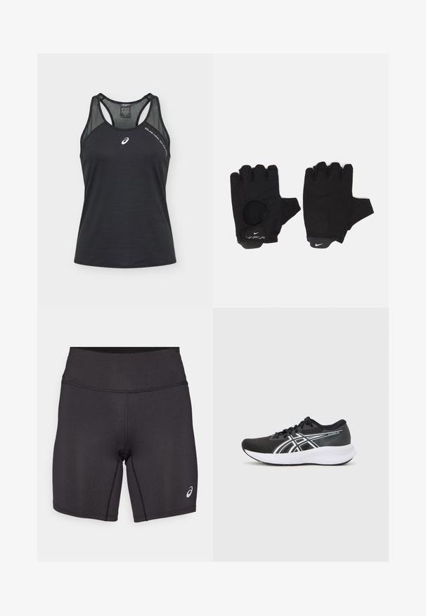 Zwarte mouwloze Asics sporttop met mesh schouderpanelen, wit logo op de borst en tekst "SOUND MIND SOUND BODY" nabij de schouder.; Zwarte sportieve shorts met een gladde textuur, een aansluitend ontwerp en een hoge tailleband. Voorzien van contrasterende stiksels en een klein logo op het onderbeen.; Zwarte sportieve schoenen met een gestructureerde mesh bovenkant, witte accenten en een gewatteerde witte zool. Heeft een logo aan de zijkant en veters.; Zwarte vingerloze handschoenen met een gestructureerd ontwerp. Gemaakt van een ademend materiaal, met een duimopening en versterkte palm voor grip.