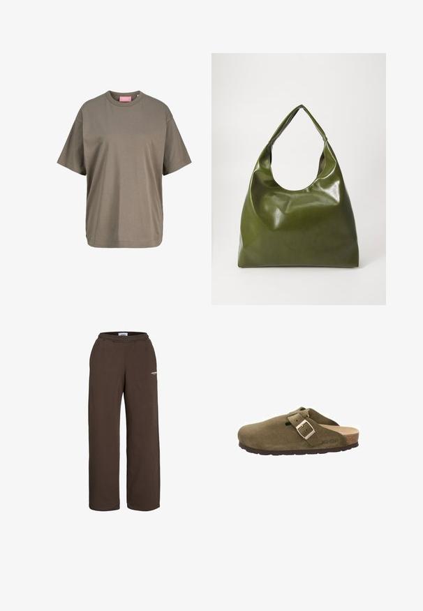 Camiseta de manga corta color verde oliva lisa, con cuello redondo, ajuste holgado y etiqueta de marca rosa visible en el interior del cuello.; Pantalones deportivos marrones de pierna ancha con cinturilla elástica y pequeño logo de texto blanco en la parte superior del muslo sobre fondo blanco.; Zuecos de gamuza verde con una correa ancha y hebilla de metal, plantilla de corcho y suela de goma. Presenta un pequeño orificio de ventilación en la parte superior.; Bolsa hobo verde de cuero con un diseño suave, asa curvada y textura lisa. No contiene hardware visible ni acentos.