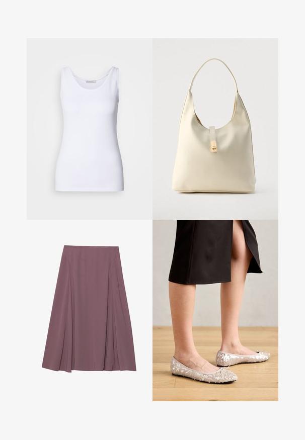 Débardeur blanc en tissu lisse et extensible. Il possède un décolleté arrondi et des bretelles larges. L'ourlet se situe juste en dessous de la taille. Sans motifs ni accents.; Une jupe longueur genou dans une couleur mauve atténuée, fabriquée en tissu léger avec un design plissé et une texture lisse. Aucun fermoir visible.; Ballerines en sequins beiges avec un bout rond, ornées d'un accent nœud, associées à une jupe noire, exposées sur un sol en bois.; Sac hobo en cuir couleur crème avec une seule bandoulière, texture lisse et un détail de fermoir doré à l'avant.