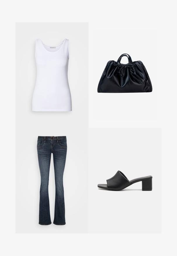 Weißes Tanktop aus glattem, dehnbarem Stoff. Verfügt über einen runden Halsausschnitt und breite Träger. Der Saum sitzt knapp unter der Taille. Keine Muster oder Akzente.; Dunkelblaue ausgestellte Jeans mit mittelhohem Bund, fünf Taschen und subtilen Stichakzenten. Hergestellt aus Denim mit glatter Textur.; Schwarze Leder-Mules mit Blockabsatz und offenem Zehenbereich, mit einer glatten Oberfläche und einem leicht geschwungenen Schaft für Komfort und Stil.; Schwarze Lederhandtasche mit gerafftem oberen Teil, kurzen Doppelgriffen und einer gebundenen Kordelverschluss vorne in der Mitte vor weißem Hintergrund.