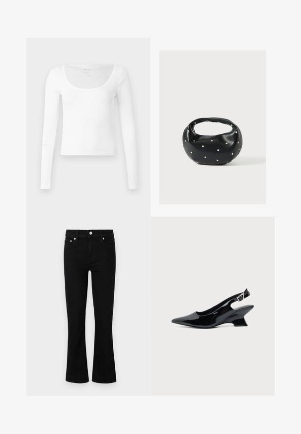 Witte, lange mouwen, geribbelde gebreide crop top met een ronde hals van Hollister, maat small, plat weergegeven op een witte achtergrond.; Zwarte denim flared jeans met een nauwsluitende taille, vijf-pocket ontwerp en zilveren hardware accenten, met een gladde textuur en standaard lengte.; Zwarte lakleren slingback schoen met spitse neus en lage schuine blokhak op een effen lichte achtergrond.; Zwarte leren handtas met een afgeronde vorm, versierd met zilveren studs, en een korte handgreep. Gladde textuur en ritsluiting.