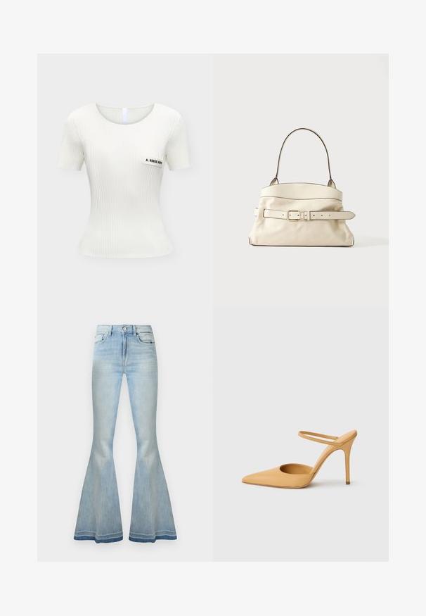 Haut blanc en maille côtelée à manches courtes avec un col rond et une petite étiquette rectangulaire sur la poitrine gauche indiquant "A. ROEGE HOVE."; Jean en denim bleu clair taille haute avec jambes évasées, fermeture avant par boutons et zip, poches devant et derrière.; Chaussure à talon aiguille beige à bout pointu avec une fine bride de cheville sur fond blanc.; Sac à main couleur crème avec une seule bandoulière et un détail de ceinture assorti avec une boucle carrée à l'avant.