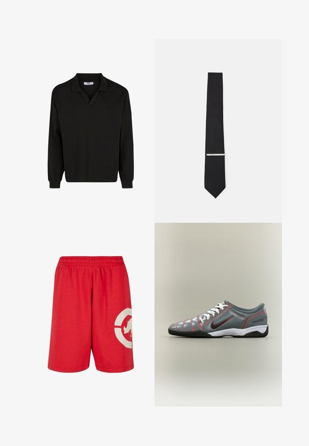 Polo de manga larga negro con escote en V, fabricado en una tela suave. Presenta hombros estructurados y puños ajustados, sin patrones ni acentos adicionales.; Pantalones cortos de algodón rojos con una cinturilla elástica, que presentan un gran diseño gráfico blanco en la pierna izquierda y una textura suave.; Zapatilla de fútbol sala Nike Total 90 III en color gris, con cordones blancos, suela negra, costuras rojas y logo swoosh negro en el lateral.; Corbata de etiqueta negra hecha de tela suave, con un ancho estrecho y un clip plateado que acentúa su diseño.