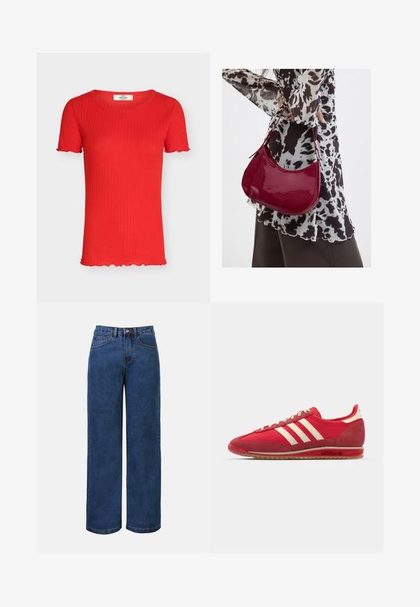 Rode geribde gebreide top met korte mouwen, ronde halslijn en licht gerimpelde randen aan mouwen en zoom.; Donkerblauwe denim wijde jeans met hoge taille, voorzien van een knoopsluiting, riemlussen en voor- en achterzakken. Glad textuur.; Rode sportieve sneaker met een gestructureerde bovenzijde, drie witte strepen, ronde neus en een rubberen zool met logo-details aan de zijkant.; Vrouw met een zwart-wit gebloemde blouse houdt een glanzende rode schoudertas vast tegen een effen achtergrond.