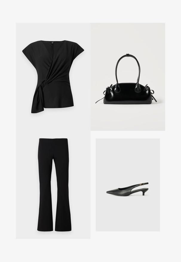 Haut noir à manches courtes avec un décolleté en V et des détails froncés sur les côtés, fabriqué dans un tissu doux et offrant une coupe décontractée pour un confort optimal.; Pantalon noir évasé en tissu extensible. Texture lisse avec une taille ajustée et des jambes évasées. Aucun motif ou ornement visible.; Chaussure slingback noire à bout pointu en cuir lisse. Présente un talon fin et un détail de boucle sur la sangle réglable.; Petit sac à main noir brillant avec deux longues anses et des détails à cordon sur les côtés sur un fond clair uni.