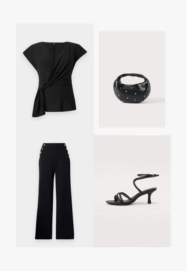 Top negro de manga corta con escote en V y detalles fruncidos en los laterales, que cuenta con una tela suave y un corte holgado para facilitar el movimiento.; Pantalones de pierna ancha de talle alto en negro con botones dorados en la parte delantera y bolsillos en ambas caderas sobre un fondo blanco.; Even&Odd Wide Fit Sandalias - black; Bolso de mano de cuero negro con forma redondeada, decorado con detalles de tachuelas plateadas y un asa corta. Textura lisa y cierre con cremallera.