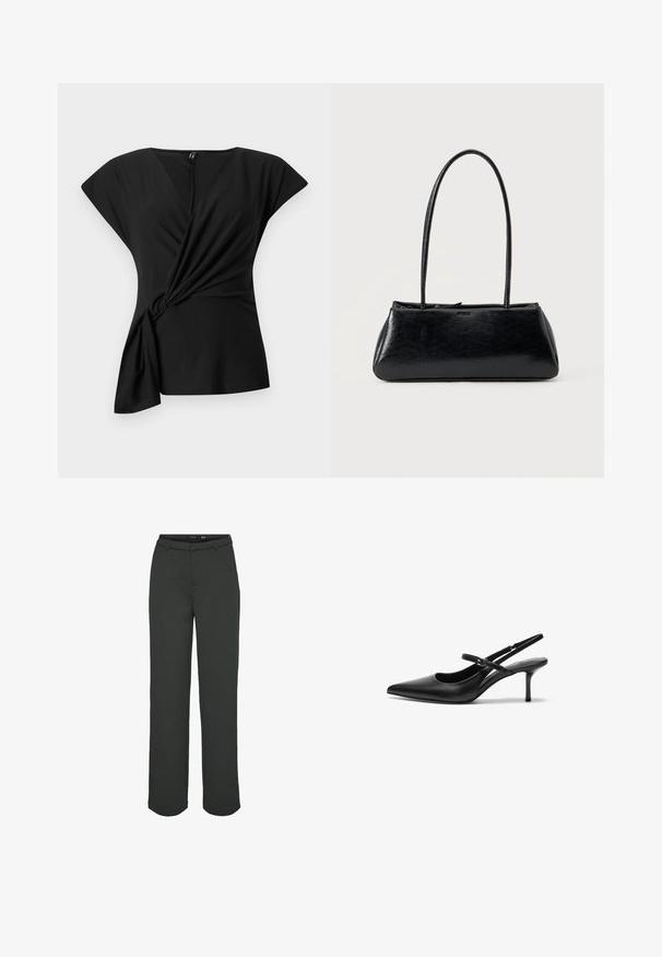 Top negro de manga corta con escote en V y detalles fruncidos en los laterales, que cuenta con una tela suave y un corte holgado para facilitar el movimiento.; Pantalones de pierna ancha en verde oscuro, hechos de tejido suave. Presentan una cinturilla con pasadores para cinturón, bolsillos delanteros y un corte recto.; Zapatos de tacón slingback de cuero negro con punta afilada, correa ajustable delgada y un tacón de aguja de aproximadamente 5 cm, textura suave.; Bolso de hombro rectangular negro con correas largas y delgadas y una textura lisa y brillante sobre un fondo liso.
