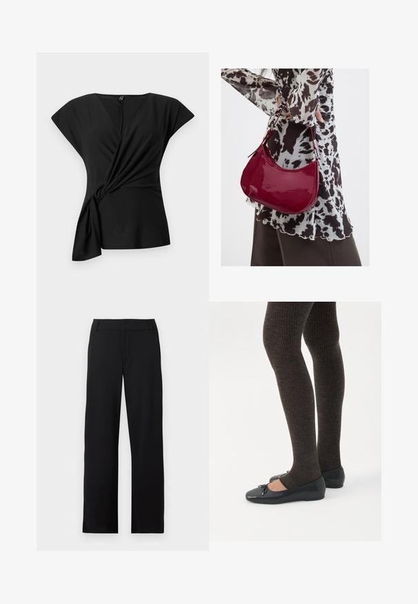 Zwarte korte mouwen top met een V-hals en geplooide zijkant, gemaakt van een zachte stof en met een relaxte pasvorm voor bewegingsvrijheid.; Zwarte broek met rechte pijpen, met riemlussen en een ritssluiting aan de voorkant, getoond tegen een witte achtergrond.; Benen met donkere geribbelde leggings gecombineerd met zwarte ballerina's met kleine strikdetails op een witte achtergrond.; Vrouw met een zwart-wit gebloemde blouse houdt een glanzende rode schoudertas vast tegen een effen achtergrond.