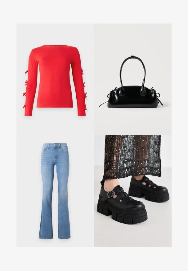 Rode langslijf T-shirt van zacht katoen, met strikaccenten op de mouwen, ronde hals en een getailleerde pasvorm.; Lichtblauwe flare jeans met een halfhoge taille, klassieke vijf-pocket stijl en subtiele vervaging langs de benen. Denim stofstructuur.; Zwarte platform sandalen met een chunky ontwerp, voorzien van brede banden en een zijgesp. Gemaakt van textuur rubber met een logo-detail.; Kleine zwarte glanzende handtas met twee lange hengsels en zijkant trekkoord details op een effen lichte achtergrond.