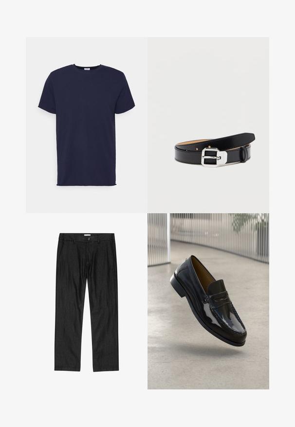 Camiseta de manga corta azul marino hecha de tela suave. Presenta un cuello redondo y un corte recto sin patrones ni acentos.; Pantalones negros de corte recto para hombre con botón frontal, bragueta con cremallera y bolsillos laterales, mostrados planos sobre fondo blanco.; Mocasín de charol negro con un acento de costura, punta redonda, tacón bajo y superficie suave, exhibido sobre un fondo neutro.; Cinturón de cuero negro con una hebilla rectangular plateada brillante, que presenta una superficie lisa y múltiples orificios de ajuste a lo largo de su longitud.