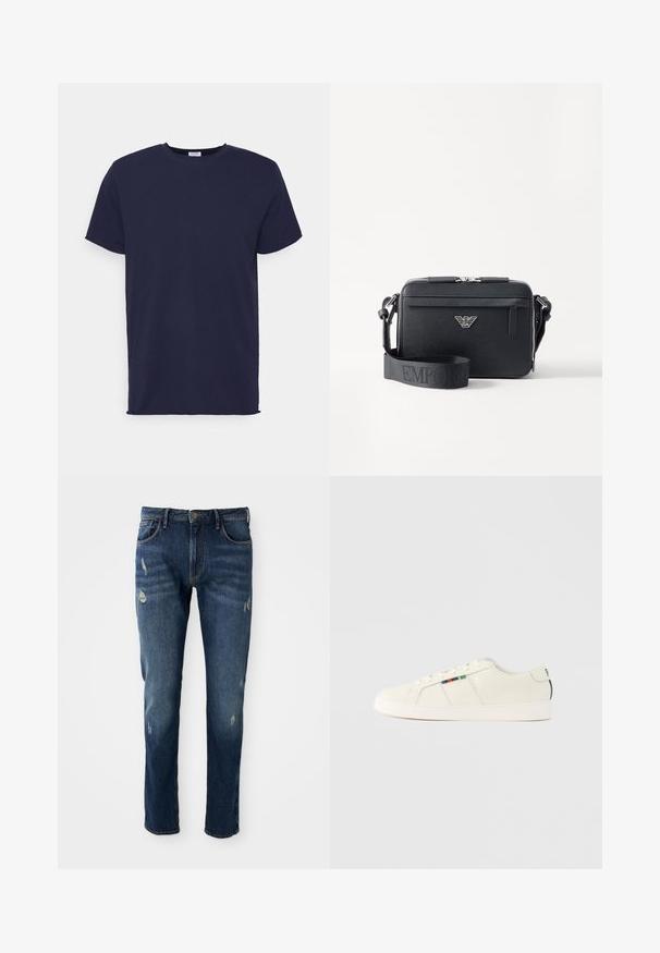 Marineblaues T-Shirt mit kurzen Ärmeln aus weichem Stoff. Es hat einen Rundhalsausschnitt und einen geraden Schnitt ohne Muster oder Akzente.; Dunkelblaue Jeans aus Denim mit slim fit, leichten Abnutzungen an den Oberschenkeln und Knien, klassischem Fünf-Taschen-Design und Knopfverschluss.; Hellbeige Sneaker mit glatter Textur, Schnürdesign und buntem gestreiftem Akzent an der Seite. Weiße Gummisohle. Schlichter Rücken.; Schwarze Umhängetasche aus strukturiertem Material. Verfügt über einen Reißverschluss, eine vordere Reißverschlusstasche und ein Metall-Logo-Detail. Inklusive verstellbarem Schultergurt.