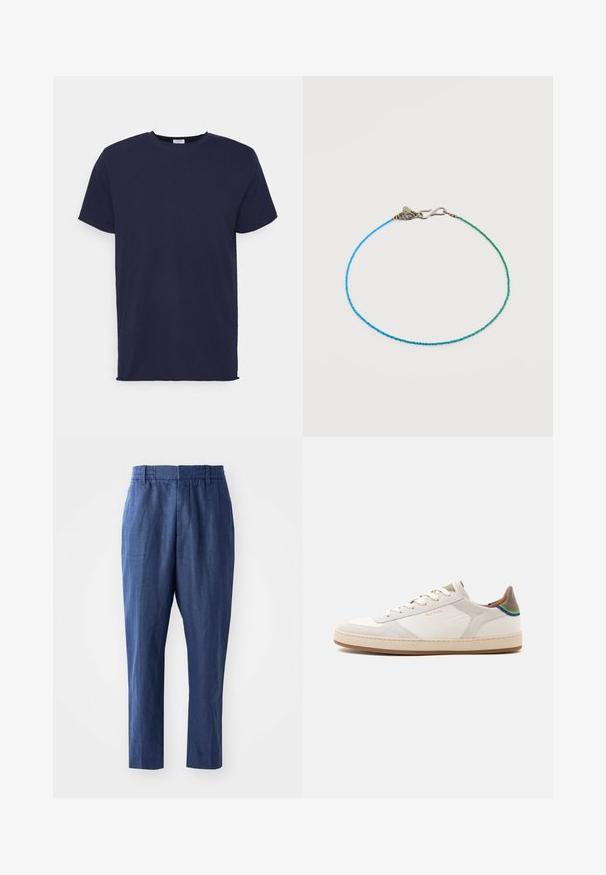 Camiseta de manga corta azul marino hecha de tela suave. Presenta un cuello redondo y un corte recto sin patrones ni acentos.; Pantalones de lino azul marino con un corte relajado, cinturilla elástica y piernas ajustadas. Presentan una textura suave y detalles de costura mínimos.; Zapatilla blanca de perfil bajo con suela beige, cordones delanteros, detalle en verde y azul en el talón, y sutil logo dorado "Paul Smith" en el lateral.; Pulsera delicada de cuentas con pequeñas cuentas cuadradas azules y verdes y un cierre de gancho plateado sobre un fondo blanco.